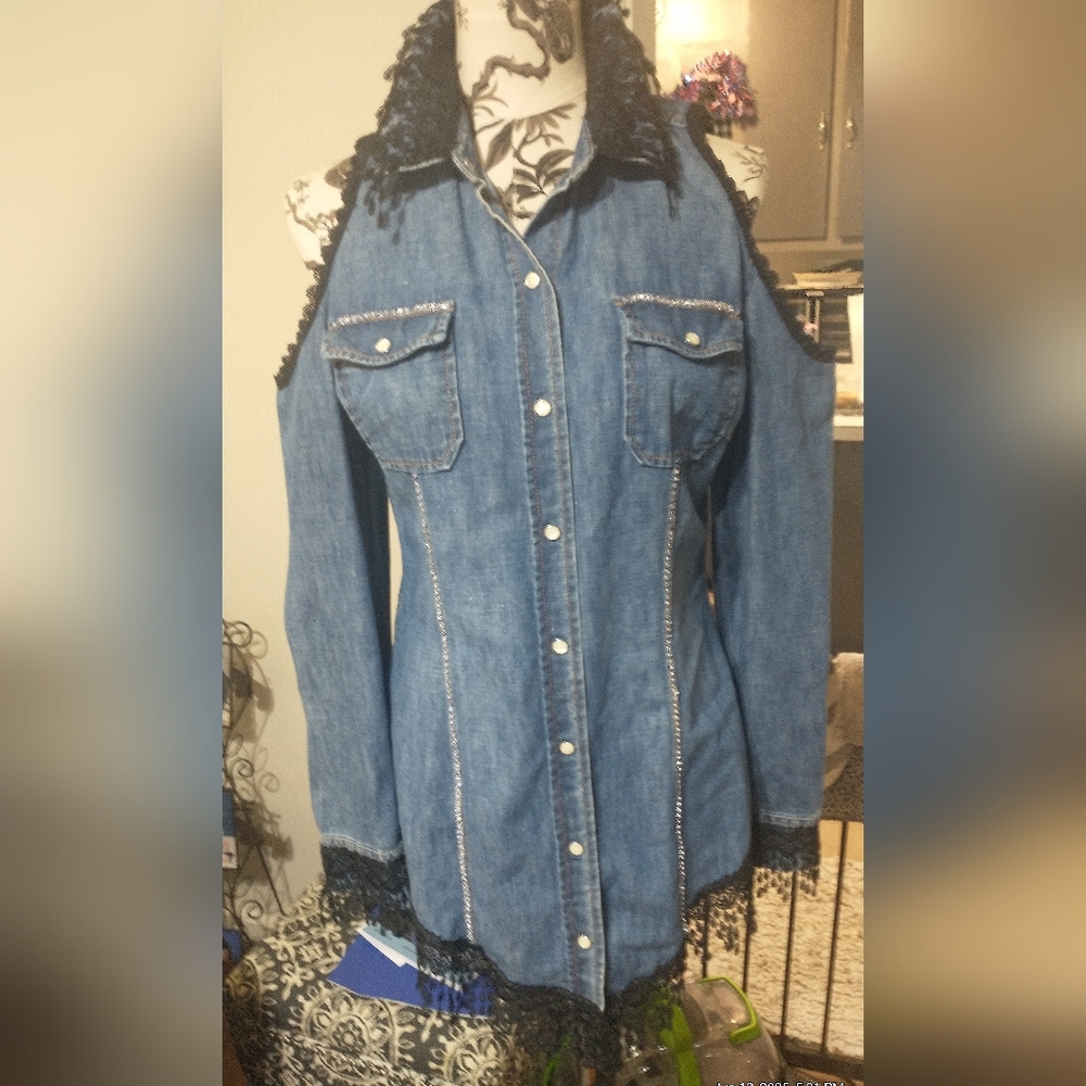 Redneck Princess Denim Open Shoulder Shirt  Black Lace and Faux Rhinestone Trim